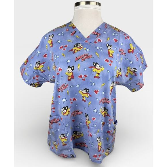 ✨2/$20 Mighty Mouse Cartoon Graphic Nurse CNA V-Neck Scrub Top Blue Size Large - Picture 16 of 16